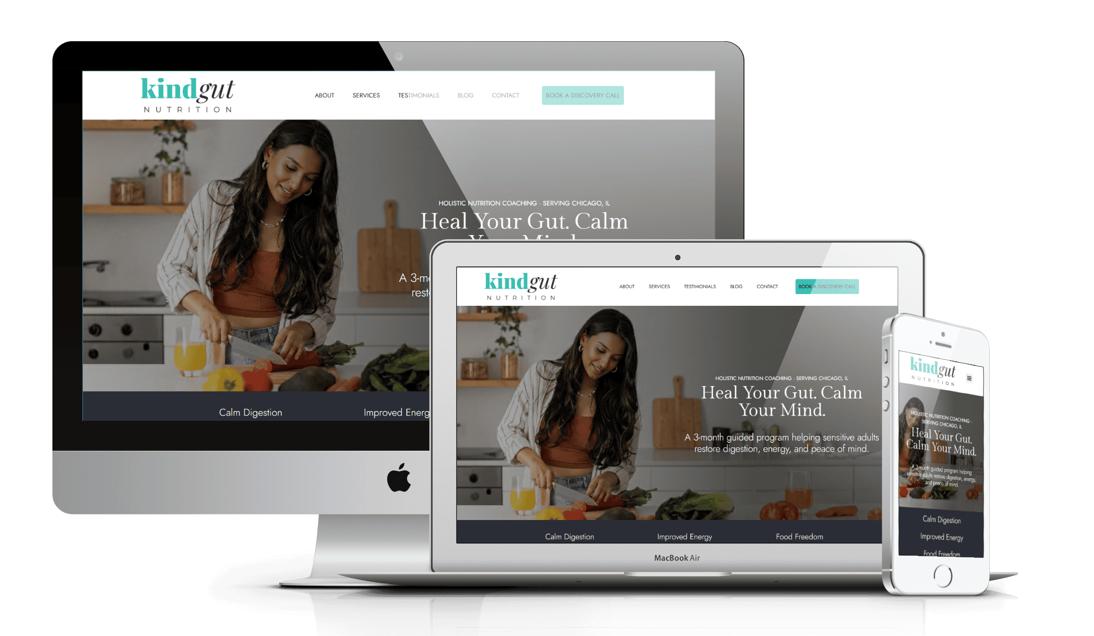 Sample wellness website built by TrueSpark Sites, shown on laptop and phone showing websites for health and wellness providers